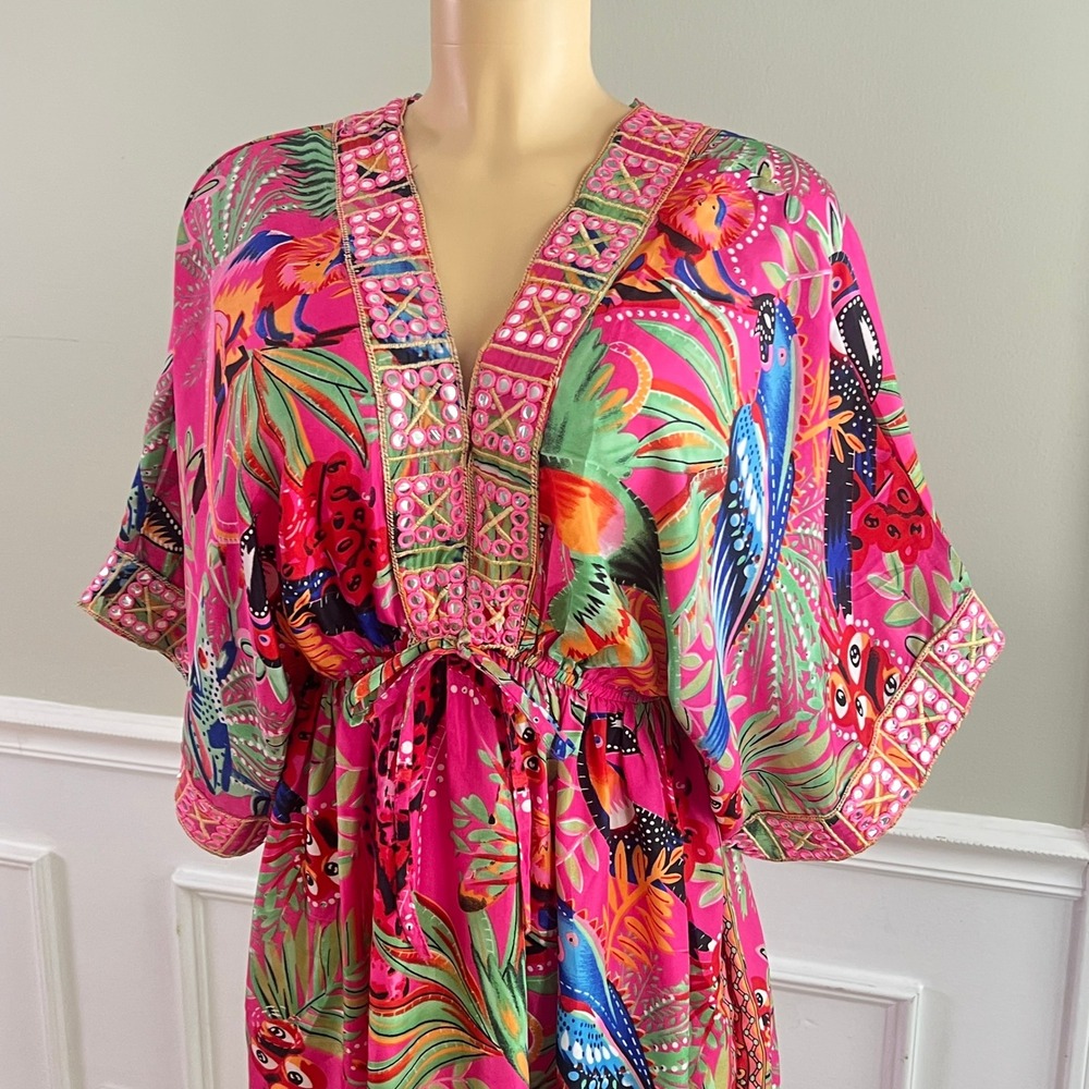 Dress Nado Tropical Bird Mini Dress S Womens Boho Mirror Embroidered Pink Kaftan - Picture 11 of 13
